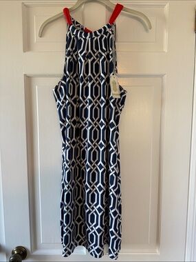 NWT Mud Pie Game Day Bow Back Blue White Red Halter Dress Geometric Knit Large